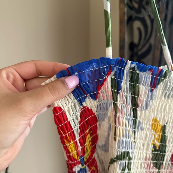 Tory Burch Iris Smocked Floral Midi Dress White Red Blue Size Large Fit & Flare - Picture 5 of 13